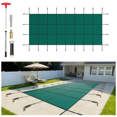 VEVOR Pool Abdeckplane, Passend für Rechteckige, Eingelassene Pools (4,9x12,2 m), Winterabdeckplane mit Ablauflöchern, Netzabdeckung für Schwimmbecken, Sicherheitsabdeckung, Grün