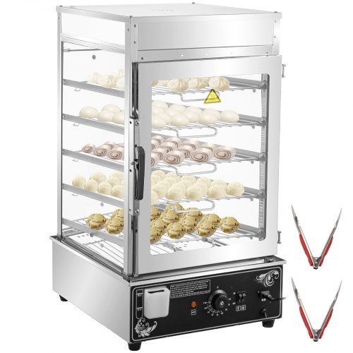 

VEVOR Brötchendämpfer 5-Lagen, Dampfgarer 900 W, Kommerzieller Dampfkocher 380 x 400 x 745 mm, Schaukasten-Brötchen-Dampfer 30-110 °C, Elektrischer Speisenwärmer mit 2 Essenszangen und Griff