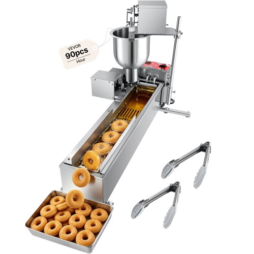 VEVOR kommerzielle automatische Donut Maschine Maker, einreihige Herstellungsausrüstung aus Edelstahl (90 Stk./h) elektrische Donut-Fritteuse mit 3 Formengrößen für Bäckereien Restaurants Café