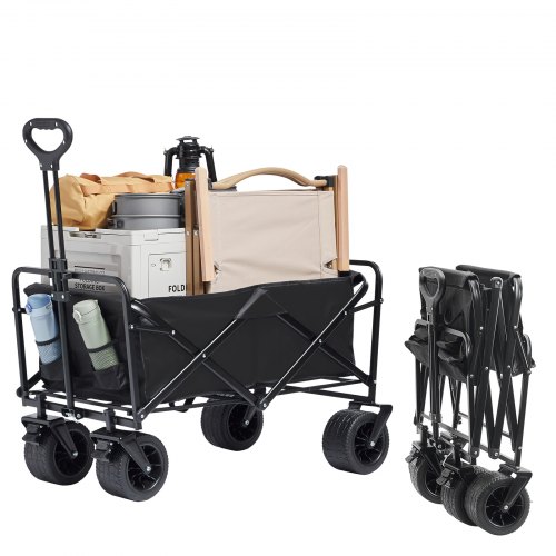 VEVOR Bollerwagen, Strandwagen mit geländegängigen Rädern, robuster zusammenklappbarer Wagen mit einer Tragfähigkeit von 350 Pfund und Getränkehaltern, Sportwagen für Camping, Einkaufen, Garten