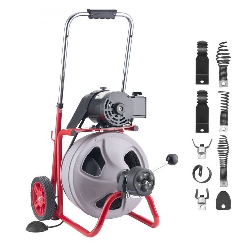 VEVOR Rohrreinigungsmaschine 22 m x 9,5 mm, Rohrreinigungsgerät mit Automatischem Vorschub, 8 Schneidwerkzeugen & Pneumatischem Fußschalter, Rohrreiniger für Rohrdurchmesser von 50 bis 100 mm