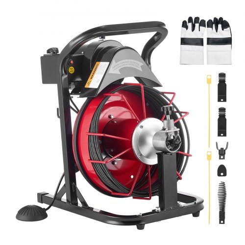 VEVOR Rohrreinigungsmaschine φ8 mm x 15 m, Reinigungsspirale mit Automatischer Zufuhr, 4 Schneidmessern & pneumatischem Fußschalter, Rohrreiniger für Rohre von 50 bis 100 mm, Rohrreinigungsgerät