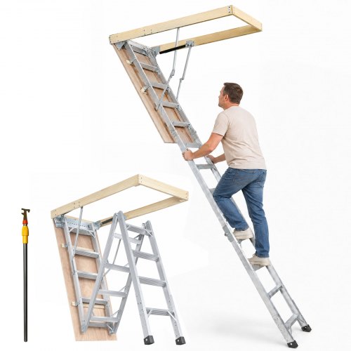 VEVOR Teleskopleiter 158,8 kg Stehleiter 12 Stufen Installationshöhe von 290 bis 300 cm oder 341 bis 366 cm Klappleiter Aluminium + Holz Haushaltsleiter mit hydraulisch gedämpftem Abstiegsdesign