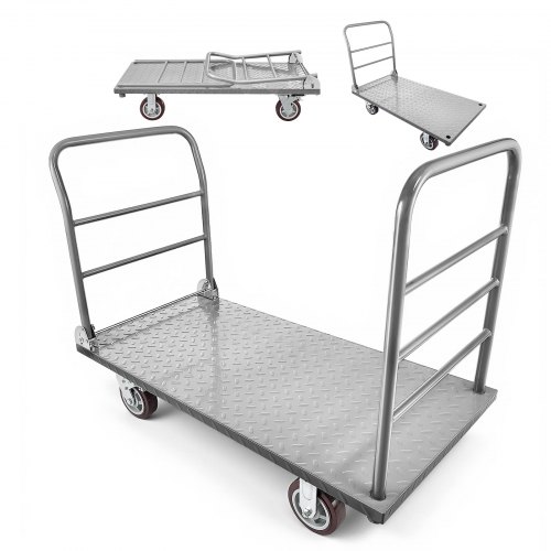 VEVOR Plattformwagen Klappbar 1202 kg, Schwerlast-Transportwagen mit abnehmbarem Geländer & Schwenkrädern, Industriewagen, für Supermärkte, Garagen & Lagerhallen, 1220x610x920 mm Rollwagen