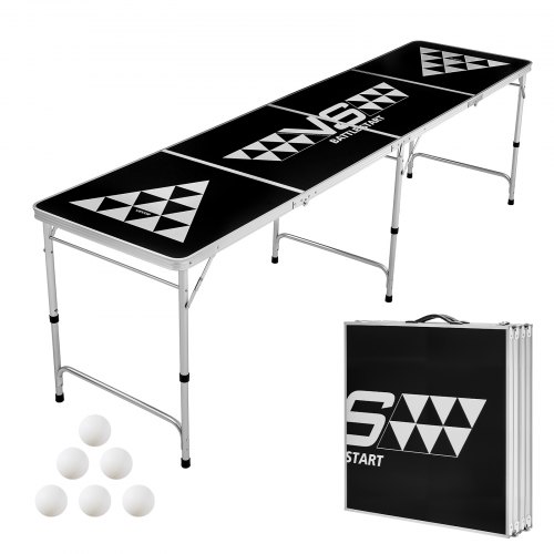 VEVOR Klappbarer Bierpong-Tisch 2,4 x 0,6 x 0,7 m mit 6 Tischtennisbällen, Faltbarer Beer-Pong-Tisch Tragbar mit Tragegriffen, Ideal für Büro, Grillpartys, Reisen und Camping, Höhenverstellbar