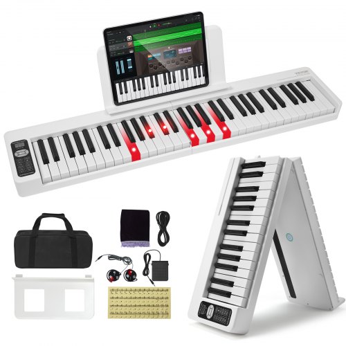 VEVOR 61-Tasten-Klappklavier, Bluetooth und MIDI, tragbares elektronisches digitales Klappklavier mit Sustain-Pedal, berührungsempfindlichen beleuchteten Tasten, Tasche, wiederaufladbar für Anfänger, Jugendliche und Erwachsene, weiß