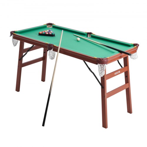 VEVOR klappbarer Billardtisch 140 cm tragbare Billardtische, faltbares, platzsparendes Unterhaltungsspielset, inklusive Ball/Queue/Rack/Kreide/Bürste, Braun mit grünem Tuch, für Freizeiträume