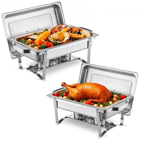 VEVOR Chafing Dish Buffet Speisenwärmer (7,5 L), 2 Stk. mit 2 Pfannen in voller Größe, rechteckiger Catering-Wärmespender mit Deckel & Brennstoffhalter, für Hochzeiten Partys Bankette Silber