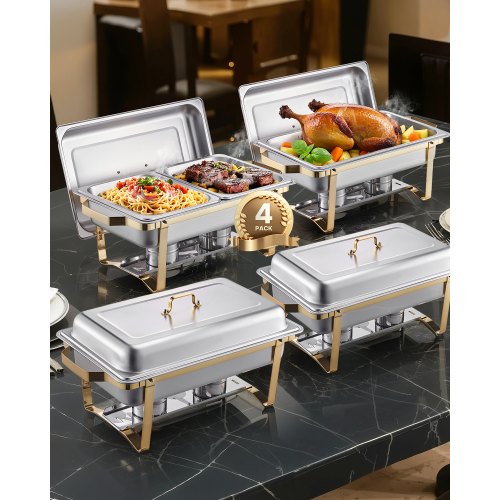 

VEVOR Chafing Dish Set Speisenwärmer Edelstahl mit 2 Pfannen in voller Größe (7,5 L) & 4 halbgroßen Pfannen (4 L), rechteckiger Catering-Wärmespender mit Deckel & Wasserpfannenständer, Gold
