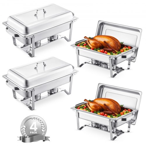 

VEVOR Chafing Dish Buffet-Set 4 Stk. Edelstahl-Speisenwärmer mit 4 Pfannen in voller Größe (7,5 L), rechteckiger Catering-Wärmespender mit Deckel & Wasserpfannenständer & Brennstoffhalter Buffet