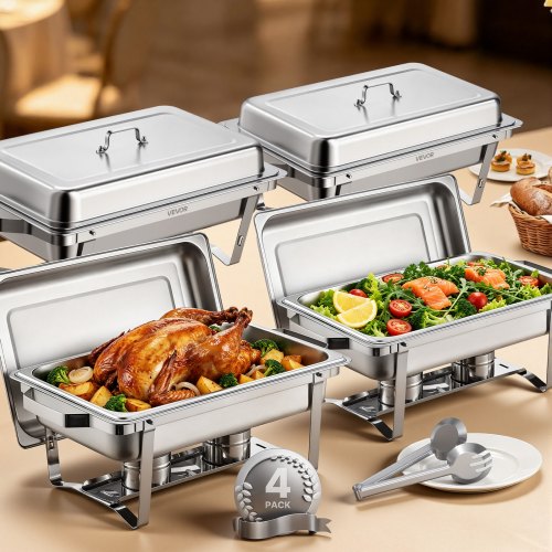 VEVOR Chafing Dish Buffet-Set 4 Stk. Edelstahl-Speisenwärmer mit 4 Pfannen in voller Größe (7,5 L), rechteckiger Catering-Wärmespender mit Deckel & Wasserpfannenständer & Brennstoffhalter Buffet