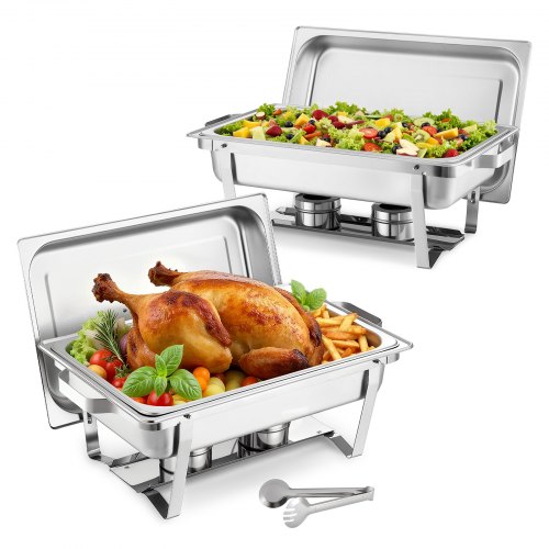 VEVOR rechteckiger Chafing Dish Set 8,5 L Speisenwärmer (2 Stk.) Buffet Warmhaltebehälter mit Griff & 1 Lebensmittelzange & Deckel & Brennstoffhalter, geeignet für Bankett Party Hochzeit Silber ZFXCL2JT9QTYC55MD001V0