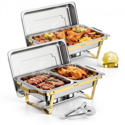 VEVOR Chafing Dish 2er-Set je 8,52 L Edelstahl Warmhaltebehälter Ideal für Hochzeiten, Partys und Bankette, 1 Behälter in Voller Größe und 2 Behälter in Halber Größe, , Servierzange, Glasschale