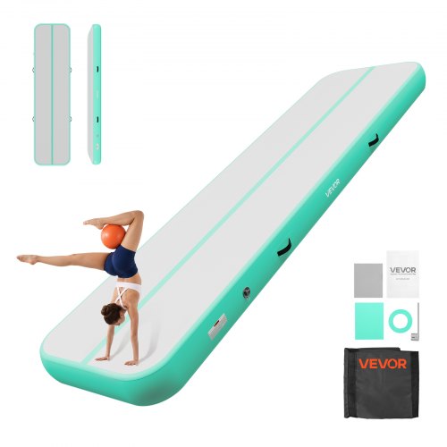 VEVOR Aufblasbare Gymnastikmatte 400x100x20 cm Airtrack-Turnmatte für Training, Wettkampfsport & Yoga, mit Rutschfester Oberfläche, 600-W-Elektroluftpumpe, Reparaturflicken, Düsen & Tasche, Mintgrün