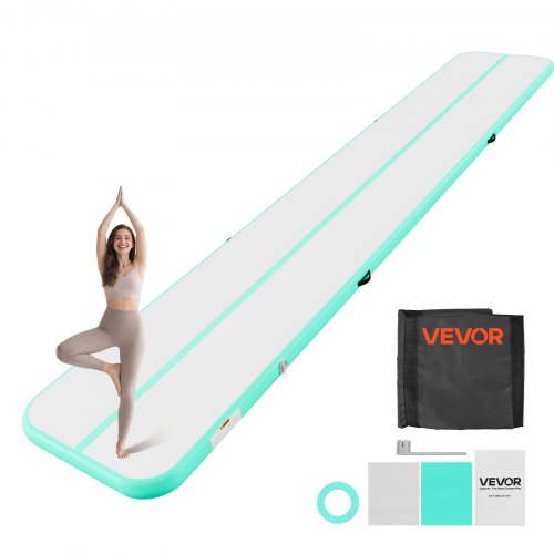 VEVOR Aufblasbare Gymnastikmatte 600x100x10 cm Airtrack-Turnmatte für Training, Wettkampfsport & Yoga, mit Rutschfester Oberfläche, 600-W-Elektroluftpumpe, Reparaturflicken, Düsen & Tasche, Mintgrün