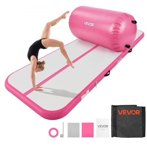 VEVOR Aufblasbares Turnmatten Set 3 x 1 m Gymnastikmatte mit Turnrolle Rosa, für Fitnessstudio Outdoor und Yoga, 3,2 psi, Verstärkte Nähte, Griffe, mit 600-W-Elektroluftpumpe und Aufbewahrungstasche