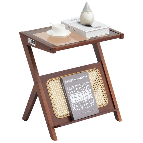 

VEVOR Rattan-Couchtisch Z-förmiger Kaffeetisch geflochtenem Bambus-Rattan mit Platte aus gehärtetem Glas, 50 cm moderner Boho-Couchtisch mit Stauraum & Beine, für Wohnzimmer, Schlafzimmer