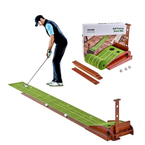 VEVOR Golf Puttingmatte, Golfmatte mit 2 Löchern, Indoor/Outdoor Golf Übungsmatte, Minigolf-Set mit automatischer Ballrückführung, Ausrichtungsleitfaden, Holzbasis, Golf-Trainingsgeräte, Grün