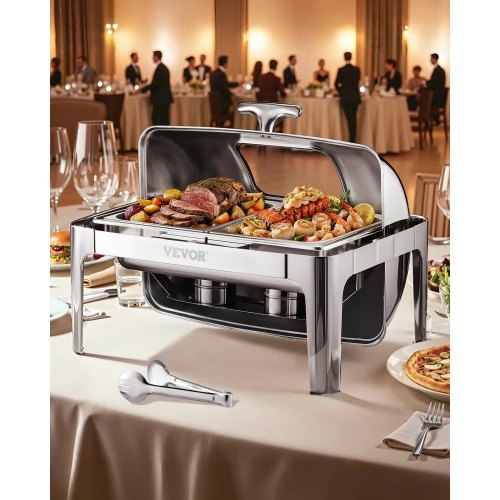 

VEVOR Chafing Dish Set Speisenwärmer Edelstahl mit 2 Pfannen in halber Größe (3,9 L), rechteckiger Wärmespender mit sichtbarem Deckel & Wasserpfannenständer & Brennstoffhalter, für Partys Silber