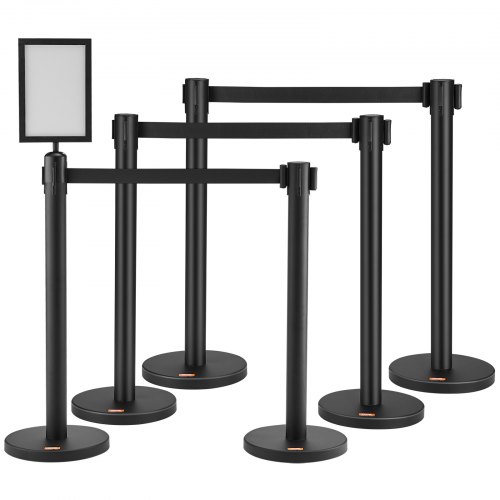 VEVOR Personenleitsystem Absperrband Absperrständer 6-teilig, 2 m x 48 mm Schwarzer Einziehbarer Gürtel, Personenleitsystem Absperrpfosten mit Schildern für Flughäfen, Messen, Wettkampforte usw.