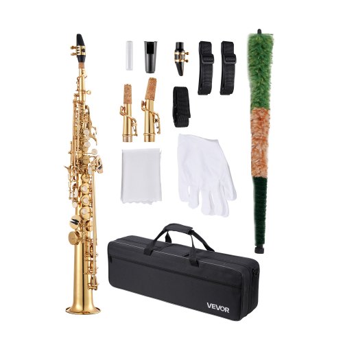 

VEVOR Sopransaxophon, B-Dur, Messing-Saxophon-Anfängerset mit Tragetasche, Mundstück, Reinigungstuch, Stab, Handschuhen, Umhängeband, 23-Tasten-Sax-Set, für Anfänger & Schüler, Gold