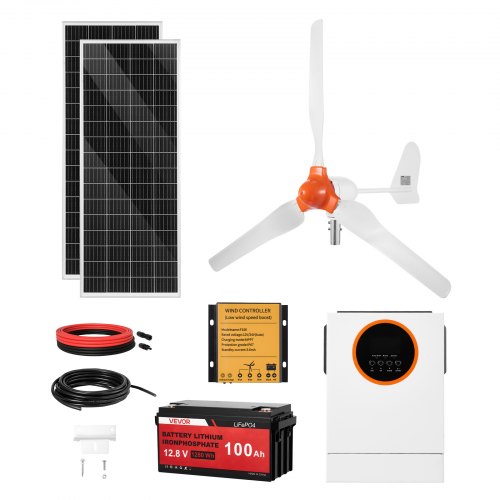 

VEVOR 12V 600W Solar-Windkraft-Set, 2 Stk. 100W monokristallines Panel + 400W Windturbine 6 Controller + 12,8V 100 Ah LiFePO4-Batterie + 1kW Hybrid-Solarwechselrichter für RV, Boot, Camping, Off-Grid