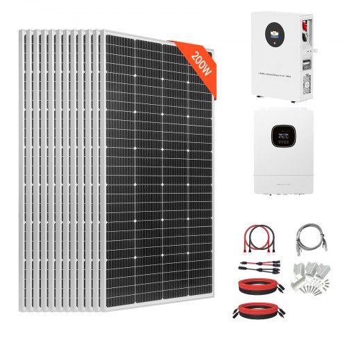 VEVOR 2400W 48V Solarpanel-Set, 12 Stk. 200W monokristalline Solarmodule + 51,2V 100Ah LiFePO₄-Batterie + 48V 5kW Hybrid-Wechselrichter, leistungsstarkes Off-Grid-Solar-Kit für Hausschuppenfarmen