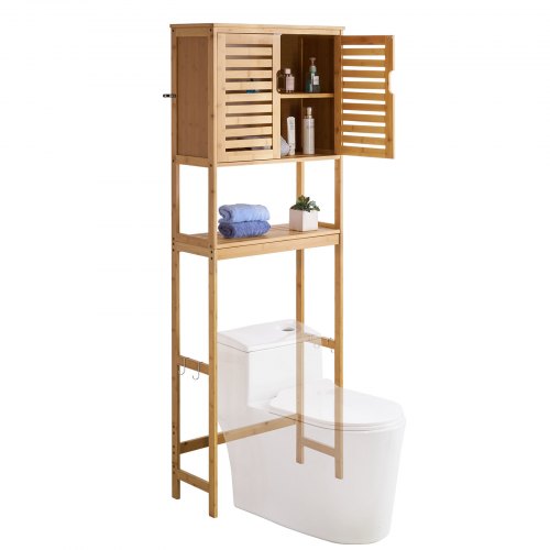 

VEVOR Toilettenschrank Badezimmerschrank mit Doppeltür & verstellbarem Regal, platzsparender 3-stöckiger Badschrank über der Toilette mit offenem Regal, 65x27x175 cm Aufbewahrungsschrank Natur