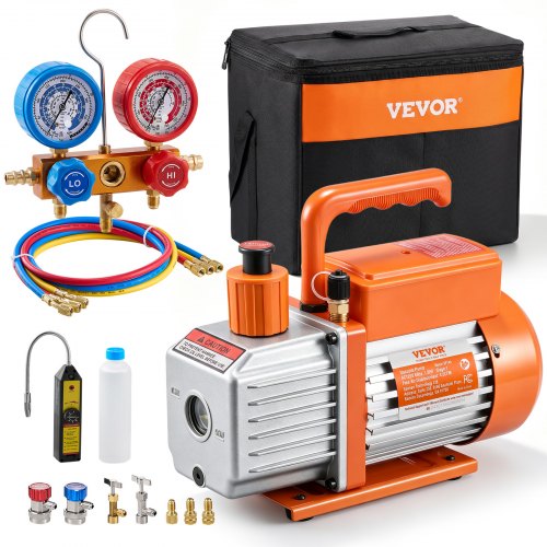 VEVOR 4,5 CFM AC-Vakuumpumpe & Manometer-Set, 1-stufige-HVAC-Luftvakuumpumpe, A/C-Kältemittelverteiler-Manometer-Kit, mit Lecksuchschläuchen, für R134a, R12, R22, R502a, R410A, R404, R407C