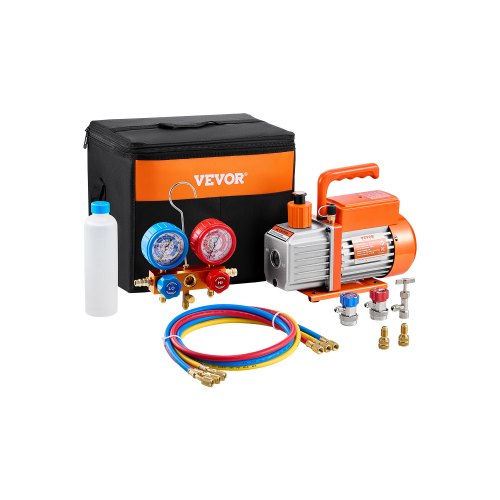 

VEVOR 3,5 CFM AC-Vakuumpumpe & Manometer-Set, einstufige Drehschieber-HVAC-Luftvakuumpumpe, A/C-Kältemittelverteiler-Manometer-Kit, für Kältemittel R134a, R12, R22, R502a, R410A, R404, R407C