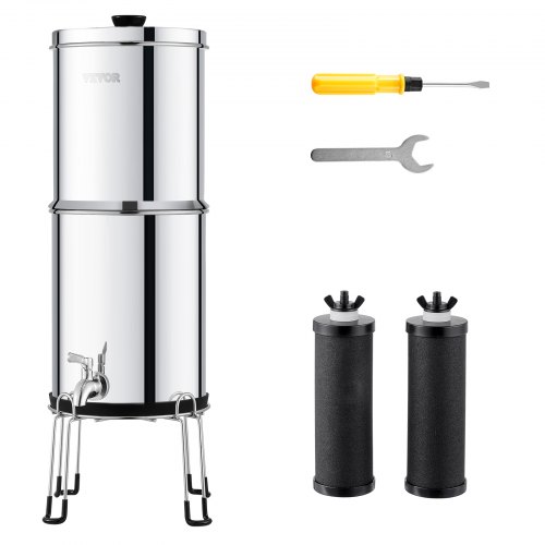 VEVOR Schwerkraft-Wasserfiltersystem, 2,25 G 304 Edelstahl-Arbeitsplatten-Wasserfiltersystem, reduziert Blei und bis zu 99 % Chlor, mit 2 Kohlefiltern/Zapfhahn/Ständer, für Zuhause, Camping, Wohnmobil