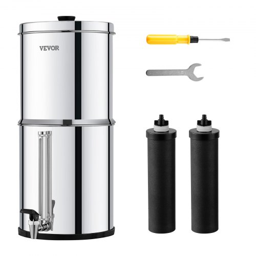 VEVOR Schwerkraft Wasserfiltersystem Edelstahl Arbeitsplattensystem 7+8,5L Wasserfiltrationssystem, reduziert Blei und bis zu 99 % Chlor, mit 2 Kohlefiltern und Wasserstandshahn, Camping Wohnmobil