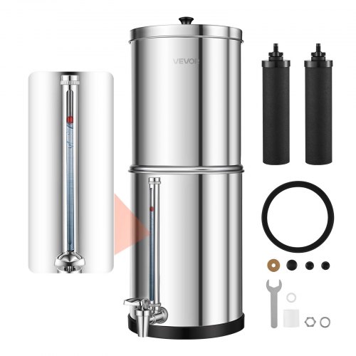 VEVOR Schwerkraft-Wasserfilter Wasserfiltersystem 5,68 L Edelstahl 304, Wasserfilteranlage Reduziert Blei und bis zu 99 % Chlor, mit 2 Aktivkohlefiltern, Wasserstandsanzeige, für Zuhause und Camping