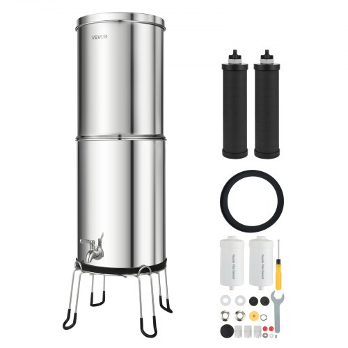 VEVOR Schwerkraft-Wasserfilter Wasserfiltersystem 12,3 L Edelstahl 304, Wasserfilteranlage Reduziert Blei und bis zu 99 % Chlor, mit 2 Aktivkohlefiltern, 2 Fluoridfiltern, Wasserhahn & Ständer