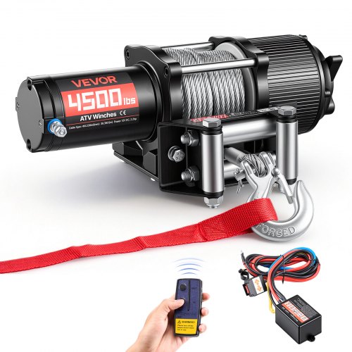

VEVOR Elektrische Seilwinde 2041 kg, 12V DC Motorwinde mit Φ5,8 mm x 12 m Stahlseil, Kabelloser & Kabelgebundener Fernbedienung, IP55, Elektrowinde zum Abschleppen von ATVs, UTVs & Offroad-Fahrzeugen
