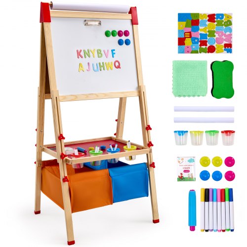 VEVOR kunst-ezel voor kinderen, 3-in-1 houten kunst-ezel, dubbelzijdig, met magnetisch whiteboard, krijtbord, papierrol, verstelbaar tekenbord met schilderaccessoires, voor kinderen vanaf 3 jaar