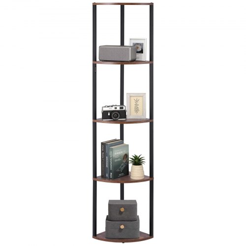 VEVOR Eckregal mit 5 Ebenen, hoher Eckständer mit LED-Licht, Displayregal Lagerregal mit Metallrahmen und Holzregalen, Standregal Ausstellungsbücherregal für Schlafzimmer Wohnzimmer Büro Braun