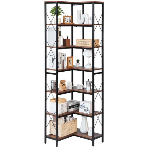 VEVOR Eckregal mit 7 Ebenen, hoher Eckständer Displayregal Lagerregal mit Metallrahmen & Holzregalen, Standregal (91 kg pro Ebene) Ausstellungsbücherregal für Schlafzimmer Wohnzimmer Büro Braun