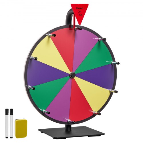 

VEVOR Glücksrad Drehrad (305 mm) 10 Slots Glücksrad mit Ständer, Lotteriespiele Gewinn-Roulette mit Tafelschwamm & 2 Markern, 6 Farben, Spinning Prize Wheel ideal für Party Kneipe Messe