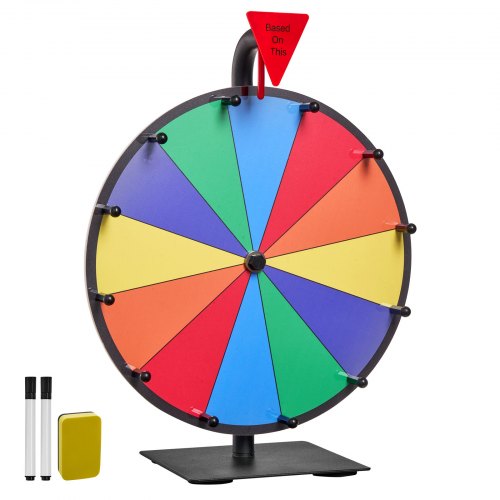 VEVOR Glücksrad Drehrad (305 mm) 12 Slots Glücksrad mit Ständer, Lotteriespiele Gewinn-Roulette mit Tafelschwamm und 2 Markern, 6 Farben, Spinning Prize Wheel ideal für Party Kneipe Messe