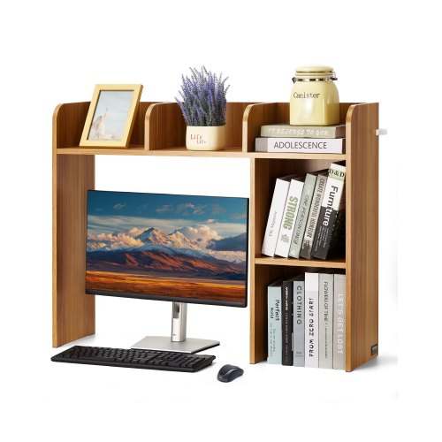 

VEVOR Schreibtisch Bücherregal 2-stufiger Organizer (94,5 x 24,1 x 73,4 cm) Tischregale Schreibtisch Organizer Ausstellungsregal aus Spanplatten mit rutschfesten Füßen, für Büro Wohnheim, Holzfarbe