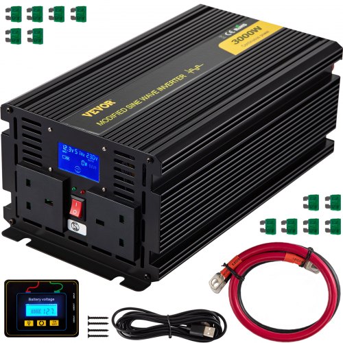 

VEVOR Spannungswandler, 12 V DC 240 V AC Sinus-Wechselrichter, 3000 W, Modifizierte Sinuswelle, 358 x 167 x 120 mm, Stromumwandler, LCD-Bildschirm, 0,3 A, LED-Anzeigen,2 Batteriekabel