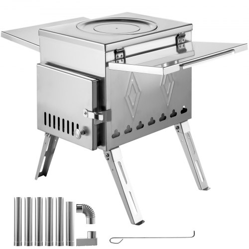 VEVOR Zeltofen 36x18x27cm Tragbarer Holzofen Edelstahl 304 Zeltheizung 6xKaminrohr Camping Ofen Outdoor 2,43m Gesamthöhe Mini Holzofen Campingofen ideal zum Heizen und Kochen für Tipis Jurten Hütten