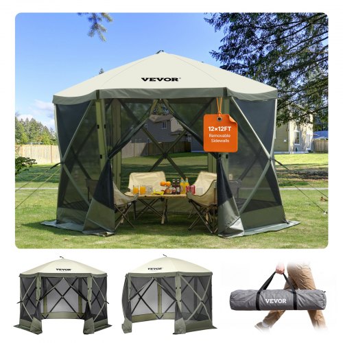 VEVOR Pop-Up-Pavillonzelt, Pop-Up-Zelt mit 6-seitigem Baldachin, Sonnenschutz mit 6 abnehmbaren Sichtschutz-Windtüchern und Netzfenstern, 10 x 10 Fuß, Schnellaufbau-Zelt mit Moskitonetz, Armeegrün