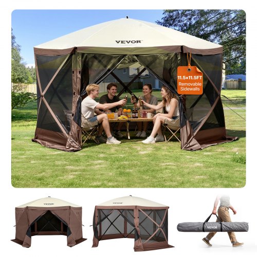 VEVOR Pop-Up-Pavillonzelt, Pop-Up-Zelt mit 6-seitigem Baldachin, Sonnenschutz mit 6 abnehmbaren Sichtschutz-Windtüchern und Netzfenstern, 3,5 x 3,5 m, Schnellaufbau-Zelt mit Moskitonetz, braun