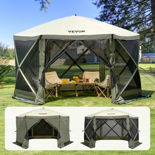 VEVOR Pop-Up-Pavillonzelt, Pop-Up-Zelt mit 6-seitigem Baldachin, Sonnenschutz mit 6 abnehmbaren Sichtschutz-Windtüchern und Netzfenstern, 12 x 12 Fuß, Schnellaufbau-Zelt mit Moskitonetz, Armeegrün