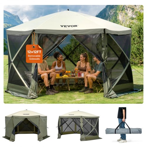 VEVOR Pop-Up-Pavillonzelt, Pop-Up-Zelt mit 6-seitigem Baldachin, Sonnenschutz mit 6 abnehmbaren Sichtschutz-Windtüchern und Netzfenstern, 12 x 12 Fuß, Schnellaufbau-Zelt mit Moskitonetz, Armeegrün