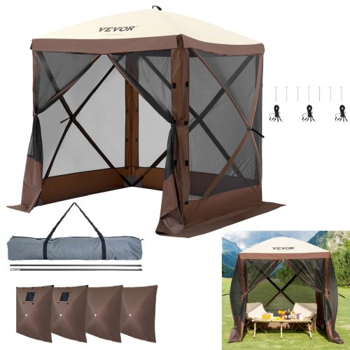 VEVOR Pop-Up-Pavillonzelt, Pop-Up-Zelt mit 4-seitigem Baldachin, Sonnenschutz mit 4 abnehmbaren Sichtschutz-Windtüchern und Netzfenstern, 6 x 6 Fuß, Schnellaufbau-Zelt mit Moskitonetz, braun