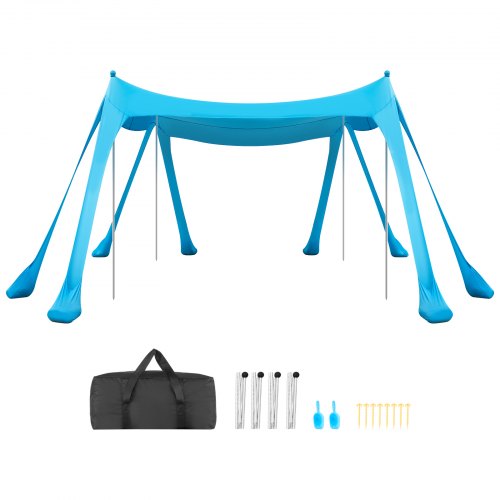 VEVOR Strandzelt mit Sonnenschutz (UPF 50+) 3 x 3 x 2 m, Strandmuschel mit Sandsäcken & Stützstangen & Sandschaufeln & Tragetasche, Tragbares Sonnensegel für Familienausflüge Camping Angeln Blau