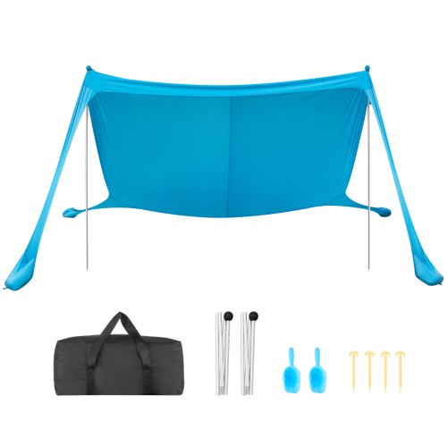 VEVOR Strandzelt mit Sonnenschutz (UPF 50+) 3,4 x 3,4 x 2 m, Strandmuschel mit Stützstangen & Sandschaufeln & Tragetasche, Tragbares Sonnensegel für Familienausflüge Camping Angeln Blau ZPSTPZPSTPSJP8X5V001V0